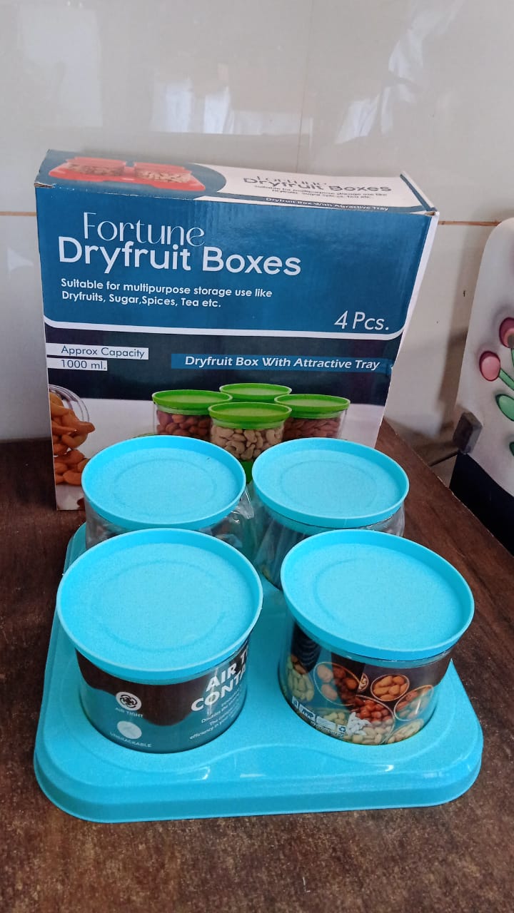 Airtight Container Jar 4 Pc Set With Stylish Tray for Kitchen Unbreakable Jar Set for Multipurpose Storage ( Mukhwas Dani ) Airtight Container Jar 4 Pc Set With Stylish Tray for Kitchen Unbreakable Jar Set for Multipurpose Storage ( Mukhwas Dani )